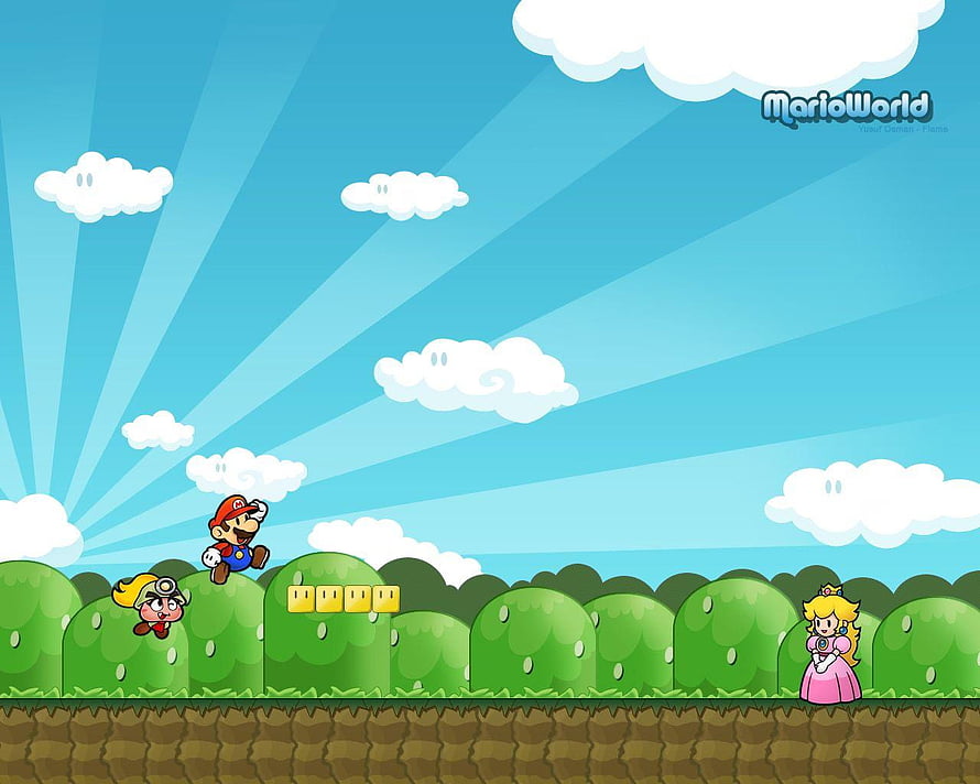 Super Mario Bros Cartoon Landscape With Mario Peach And Toad On Green Hills HD wallpaper