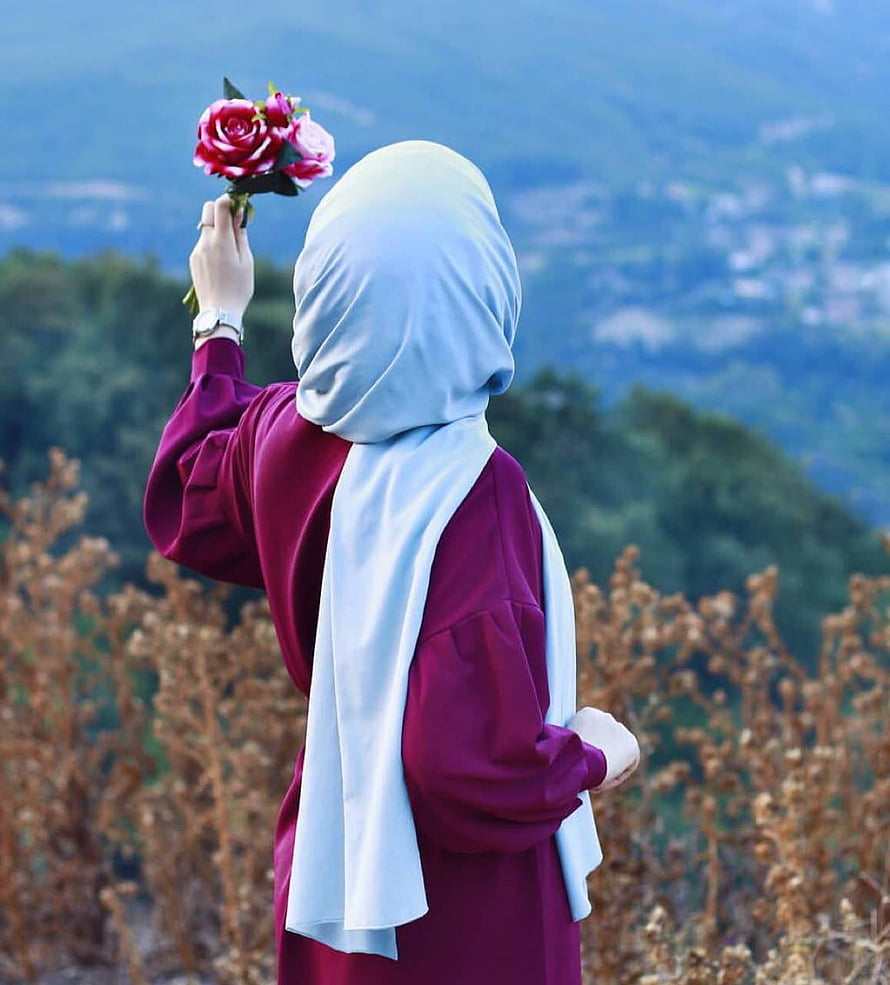 Woman in hijab holding pink roses against scenic mountain backdrop, Hijab Girl, aesthetic girl hijab HD phone wallpaper