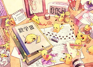 Cute Pikachu Characters Studying at a Cozy Desk with Books and Stationery HD wallpaper