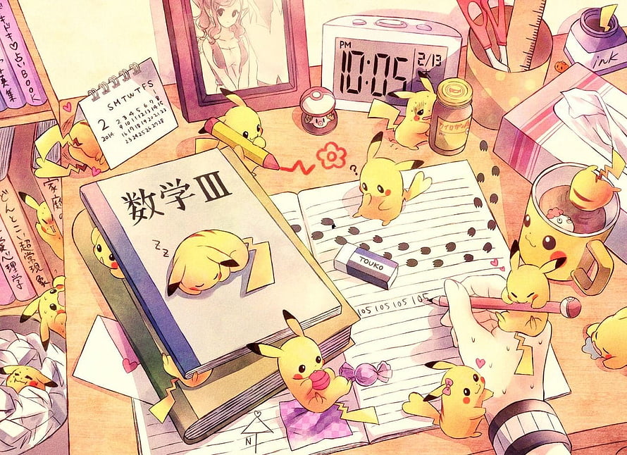 Cute Pikachu Characters Studying at a Cozy Desk with Books and Stationery HD wallpaper