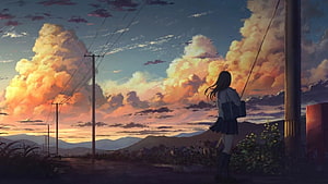 Anime Girl Gazing at Dramatic Sunset Clouds Over Rural Countryside HD wallpaper