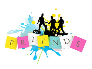 Colorful Friendship Silhouette Illustration with Paint Splashes and Letter Tiles HD wallpaper
