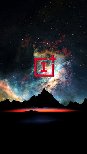 OnePlus Logo Over Vibrant Nebula and Mountain Silhouette Night Sky HD phone wallpaper