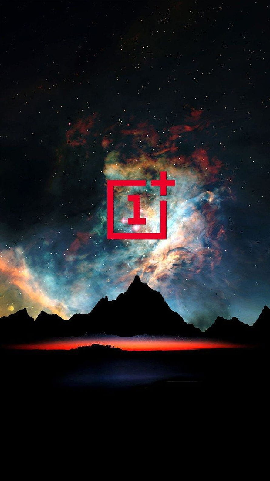 OnePlus Logo Over Vibrant Nebula and Mountain Silhouette Night Sky HD phone wallpaper