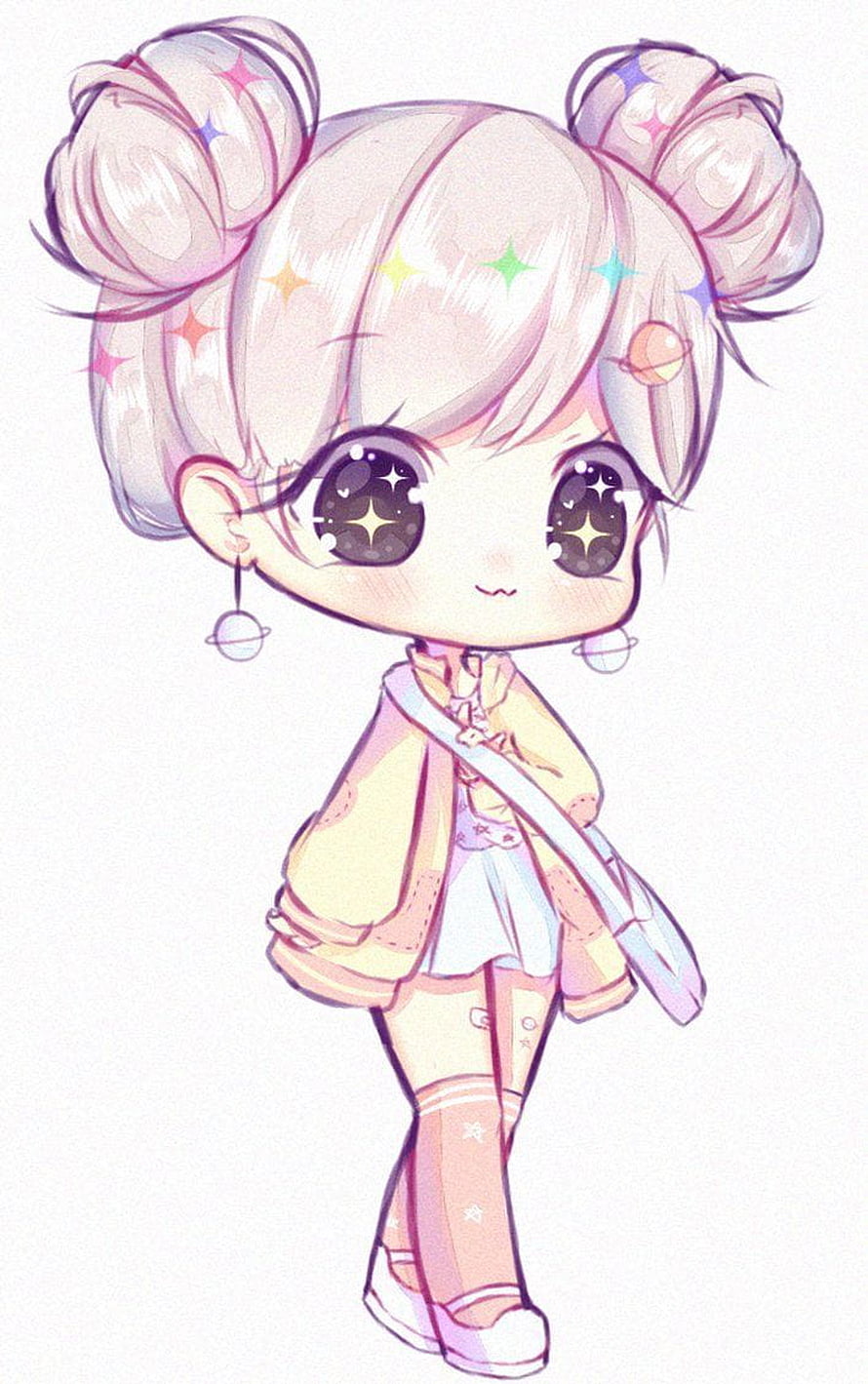 Cute Chibi Girl with Space Theme and Sparkly Eyes HD phone wallpaper