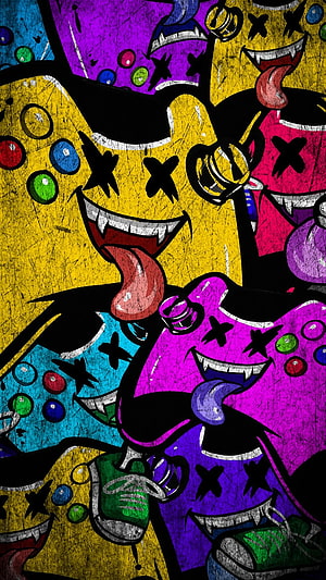 Vibrant Graffiti Art of Anthropomorphic Game Controllers with X Eyes and Sneakers HD phone wallpaper