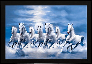 Seven Majestic White Horses Galloping Through Clouds Under a Blue Sky HD wallpaper