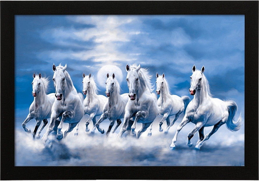 Seven Majestic White Horses Galloping Through Clouds Under a Blue Sky HD wallpaper
