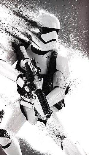 First Order Stormtrooper with Blaster Rifle in Dynamic Black and White Ink Splash Art Style HD phone wallpaper
