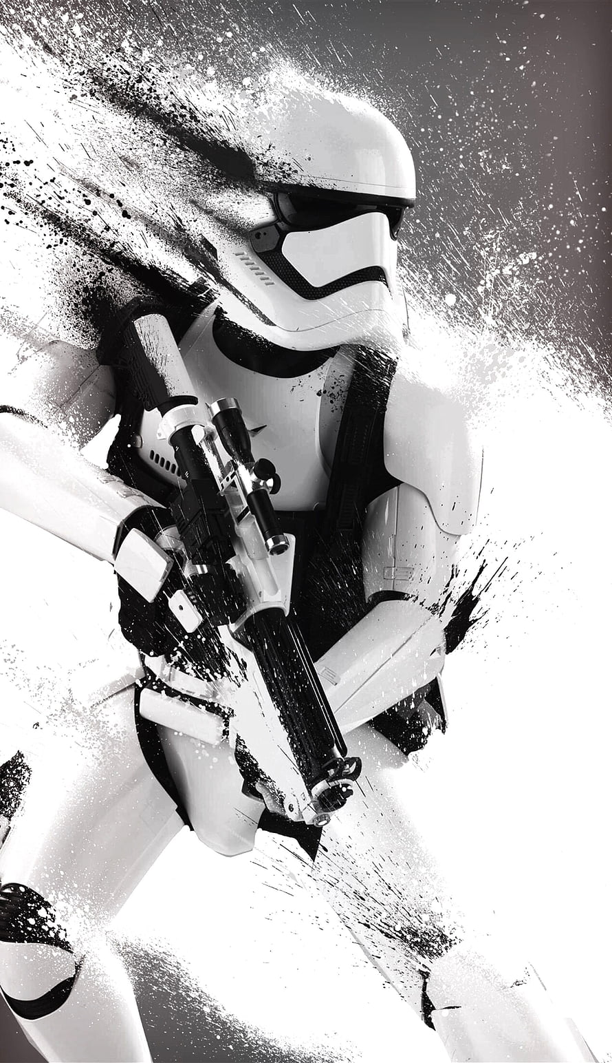 First Order Stormtrooper with Blaster Rifle in Dynamic Black and White Ink Splash Art Style HD phone wallpaper