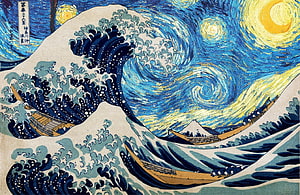 The Great Wave off Kanagawa Meets The Starry Night: A Surreal Art Fusion of Hokusai and Van Gogh Styles HD wallpaper