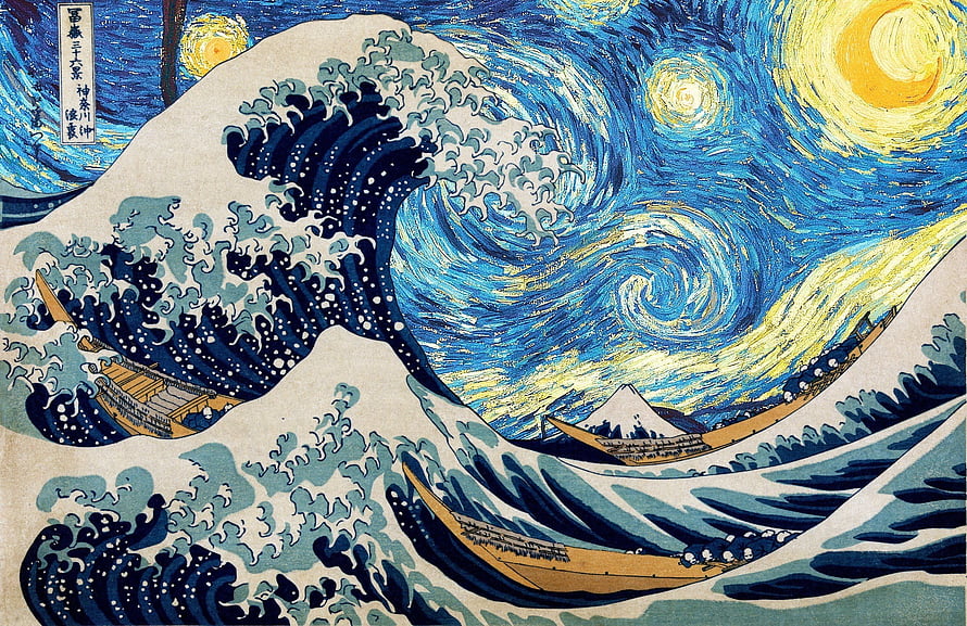 The Great Wave off Kanagawa Meets The Starry Night: A Surreal Art Fusion of Hokusai and Van Gogh Styles HD wallpaper