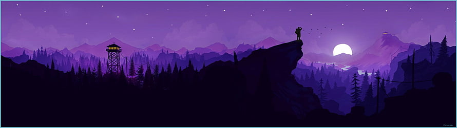 Firewatch Game Artwork Featuring Silhouette of Henry Standing on Cliff Edge Overlooking Purple Mountain Valley at Night HD wallpaper