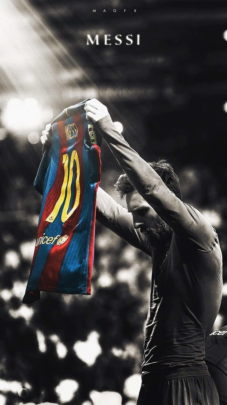 Lionel Messi holding up FC Barcelona jersey with number 10 in stadium HD phone wallpaper