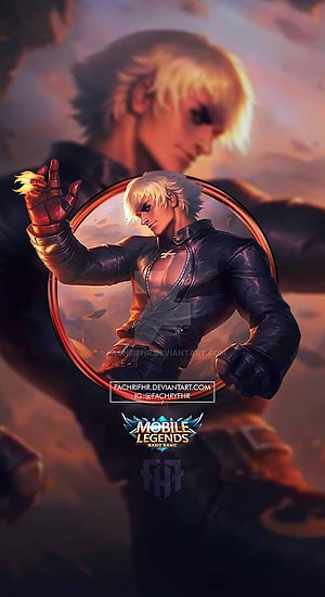 Gusion from Mobile Legends Bang Bang in a dramatic leather jacket with fiery energy HD phone wallpaper