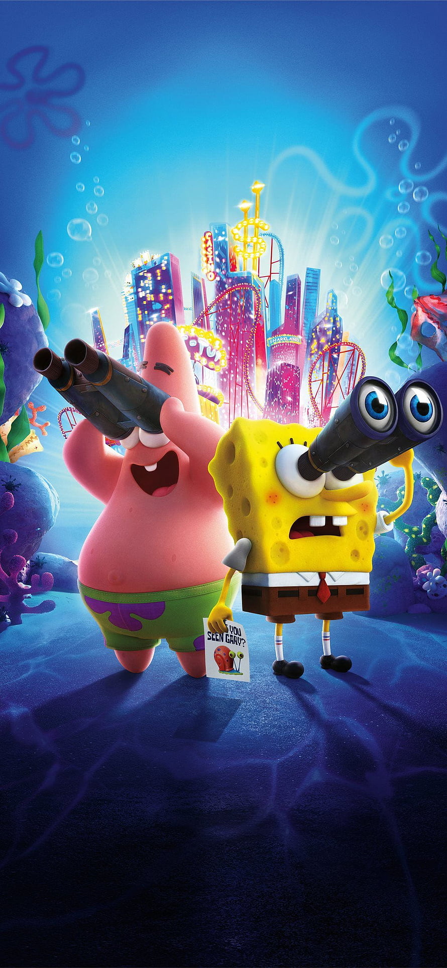 SpongeBob and Patrick Staring Through Binoculars at a Vibrant Underwater Cityscape HD phone wallpaper