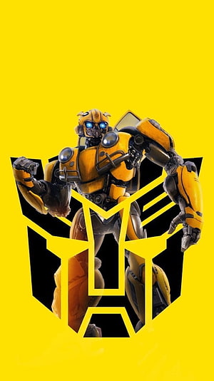 Bumblebee Robot Standing in Front of Autobot Symbol on Yellow Background HD phone wallpaper