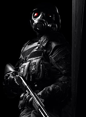 Resident Evil 2 Hunk in Tactical Gear and Gas Mask Holding Shotgun in Dark Setting HD phone wallpaper