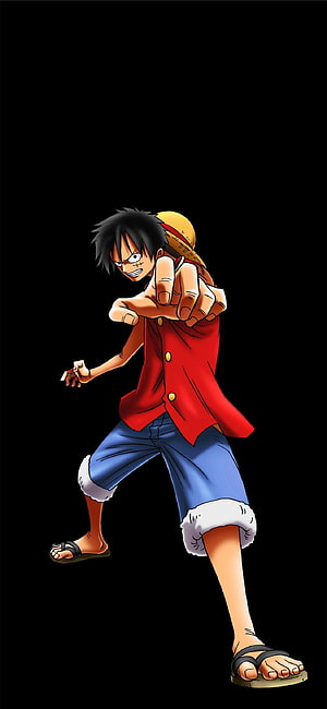 Monkey D. Luffy from One Piece in a dynamic action pose on a black background HD phone wallpaper