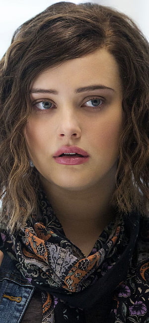Katherine Langford Portrait With Wavy Brown Hair And Patterned Scarf HD phone wallpaper