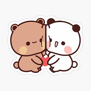 Cute Brown Bear and White Panda Holding a Red Heart Together Kawaii Sticker HD phone wallpaper