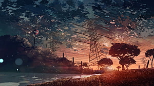 Anime Style Sunset Landscape With Power Lines And Trees HD wallpaper