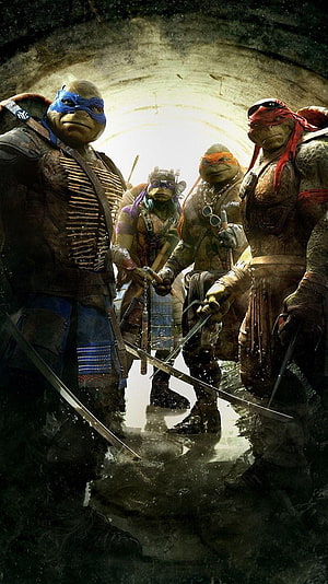 Teenage Mutant Ninja Turtles standing in a dark sewer tunnel with weapons HD phone wallpaper