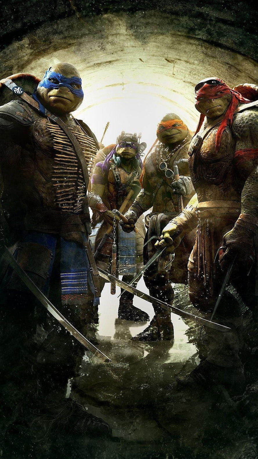 Teenage Mutant Ninja Turtles standing in a dark sewer tunnel with weapons HD phone wallpaper