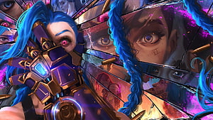 Jinx from Arcane in a shattered mirror collage with blue braids and ornate armor HD wallpaper