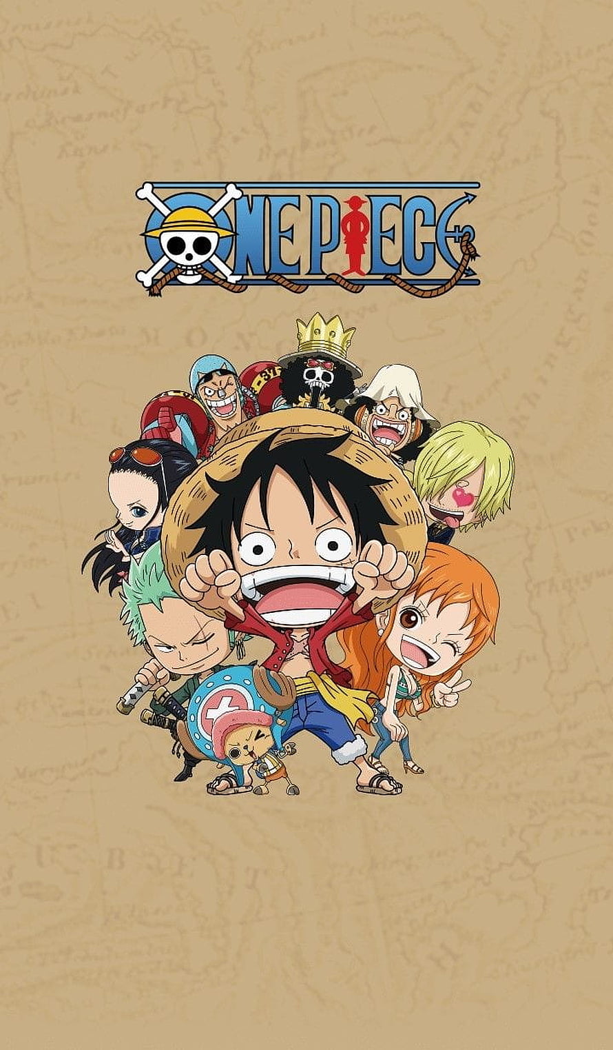 One Piece Straw Hat Crew Chibi Group Portrait on Vintage Map Background HD phone wallpaper