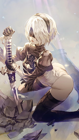 2B from NieR Automata kneeling with sword in soft light HD phone wallpaper
