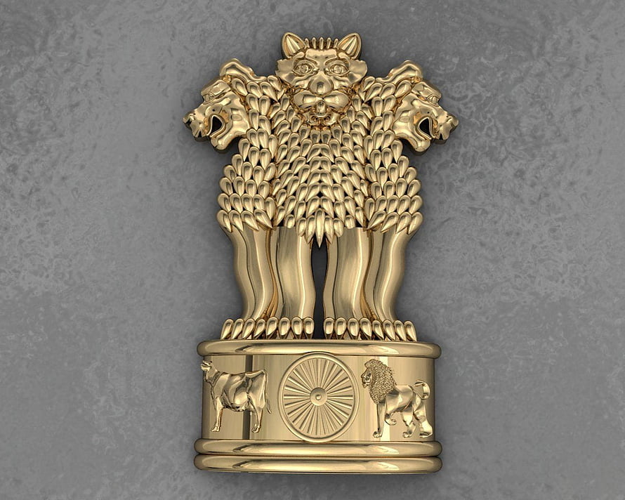 Golden 3D rendering of the State Emblem of India featuring four lions and the Ashoka Chakra HD wallpaper