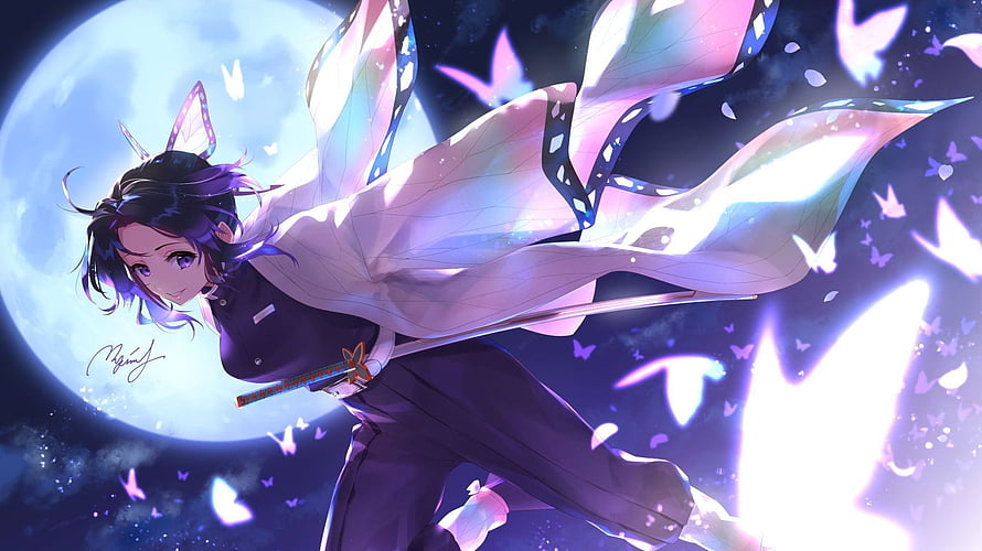 Shinobu Kocho from Demon Slayer Flying with Butterfly Wings and Moon Background HD wallpaper