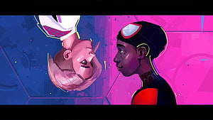 Miles Morales and Gwen Stacy Face Off in Vibrant Spider-Verse Artwork HD wallpaper