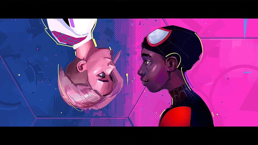 Miles Morales and Gwen Stacy Face Off in Vibrant Spider-Verse Artwork HD wallpaper