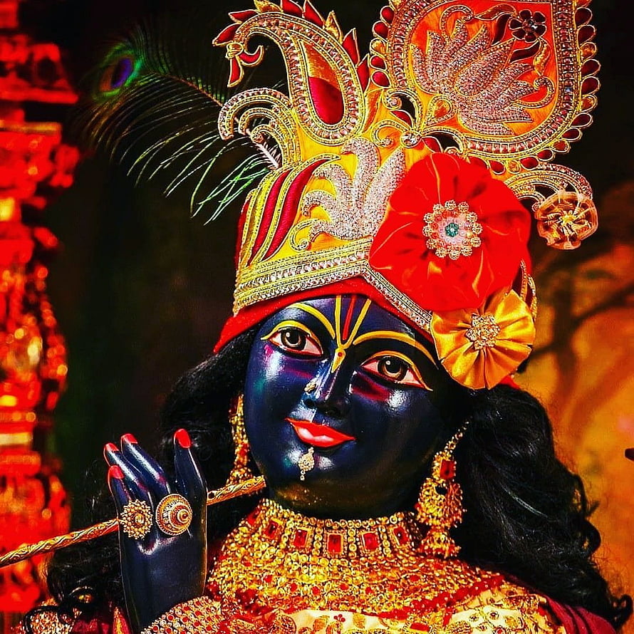 Banke Bihariji Murti with Ornate Crown and Gold Jewelry HD phone wallpaper