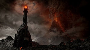 Barad-dûr and the Eye of Sauron in a Dark Volcanic Landscape HD wallpaper