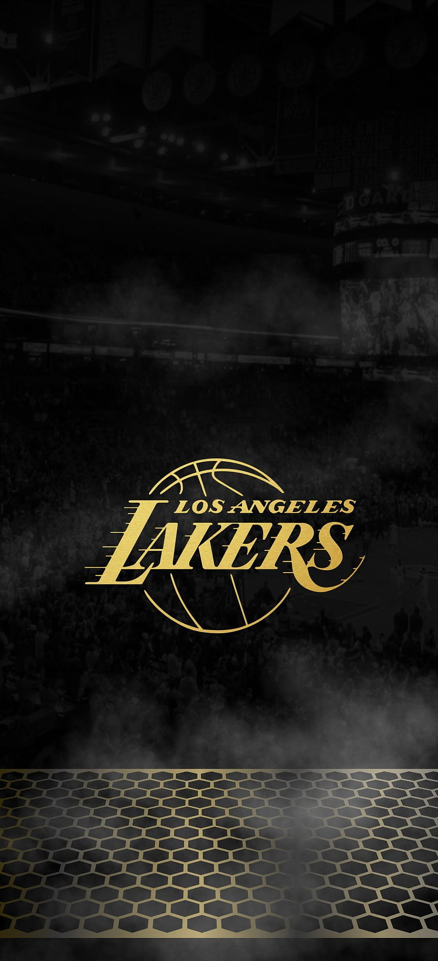 Los Angeles Lakers Gold Logo on Dark Arena Background with Smoke and Hexagonal Pattern HD phone wallpaper