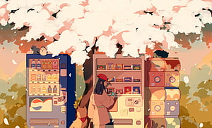 Korean Aesthetic Illustration of Girl at Vending Machines Under Cherry Blossoms HD wallpaper