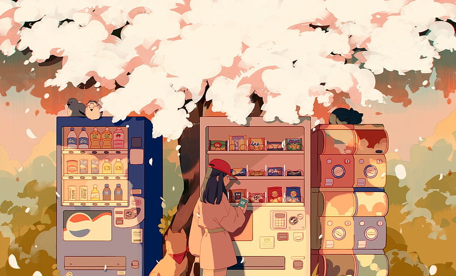 Korean Aesthetic Illustration of Girl at Vending Machines Under Cherry Blossoms HD wallpaper