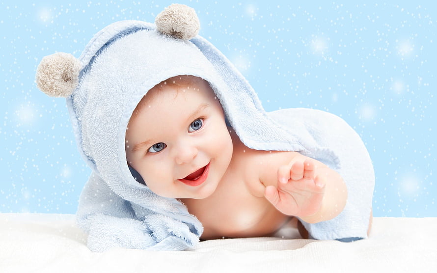 Smiling Baby Boy in Blue Bear Hooded Towel with Snowy Background HD wallpaper