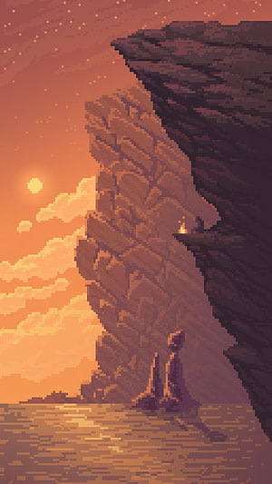 Pixel Art Landscape with Setting Sun, Rocky Cliffs, and Water Reflection HD phone wallpaper