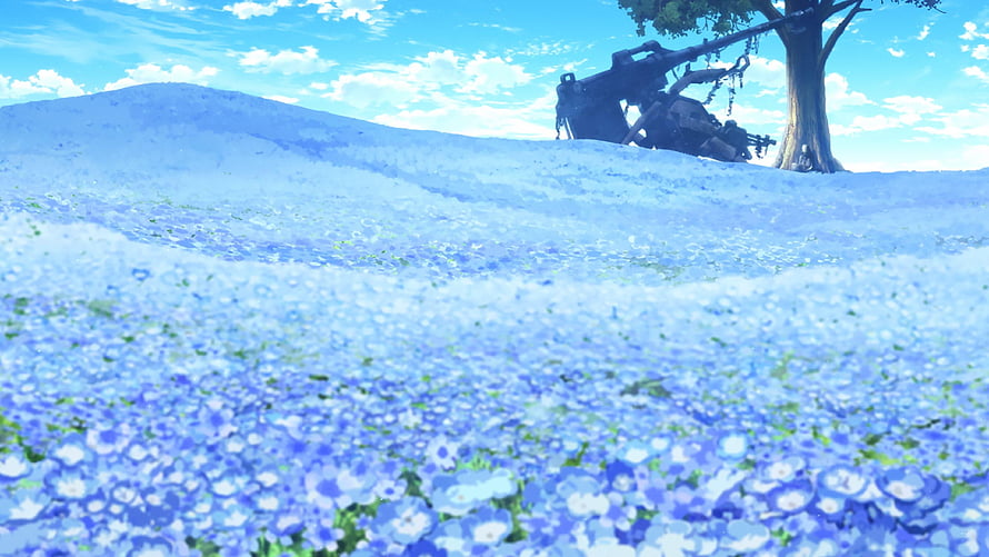 86: Eighty Six Anime Flower Field Landscape with War Machine and Tree HD wallpaper