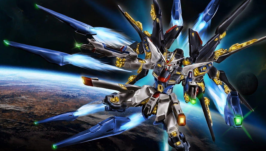 Strike Freedom Gundam in Dynamic Space Combat with Thruster Flare HD wallpaper