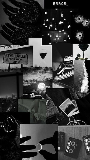 Dark Aesthetic Black and White Collage Wallpaper Featuring Moon, Wolf, and Grunge Elements HD phone wallpaper
