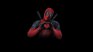 Deadpool Making a Heart Shape with Hands in Red and Black Suit Against Black Background HD wallpaper