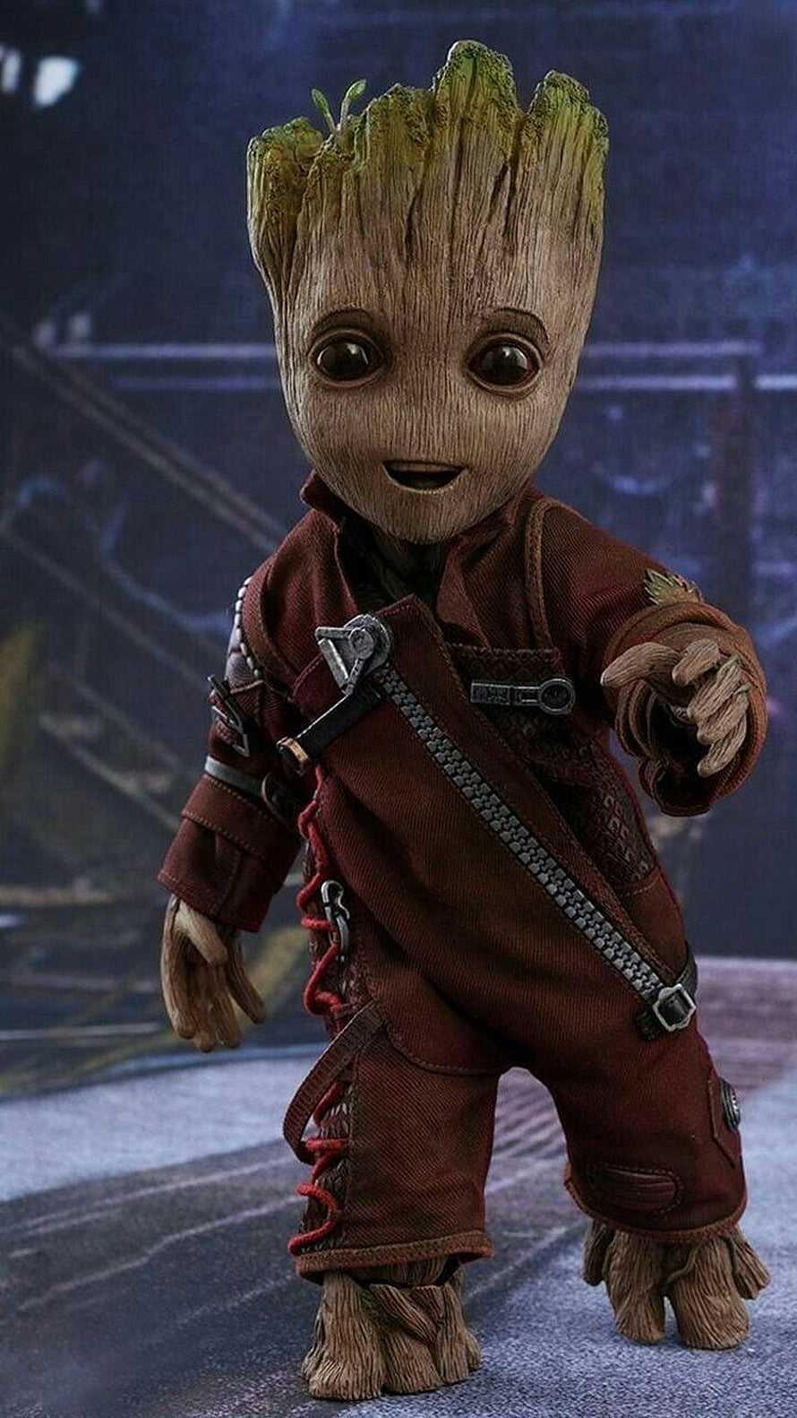 Baby Groot from Guardians of the Galaxy wearing a red jumpsuit HD phone wallpaper