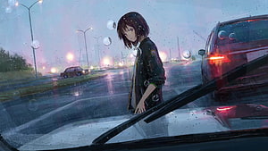 Anime Girl Standing By Car In Rainy Street Scene With Bubbles HD wallpaper