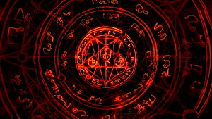 Glowing Red Pentagram Rune Circle with Mystical Symbols on Black Background HD wallpaper