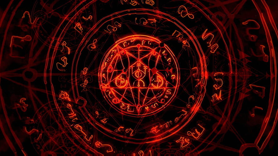 Glowing Red Pentagram Rune Circle with Mystical Symbols on Black Background HD wallpaper